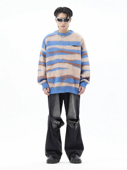 Stripe Shaggy Oversize Knit Sweater WN10403