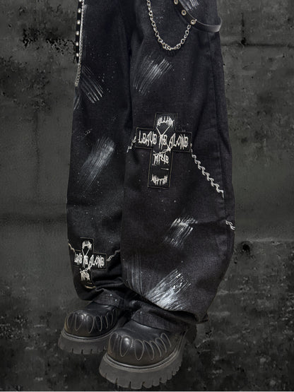Paint Print Wide Leg Denim Jeans & Bandana Waist Panel & Skull Belt & Belt Chain WN23793