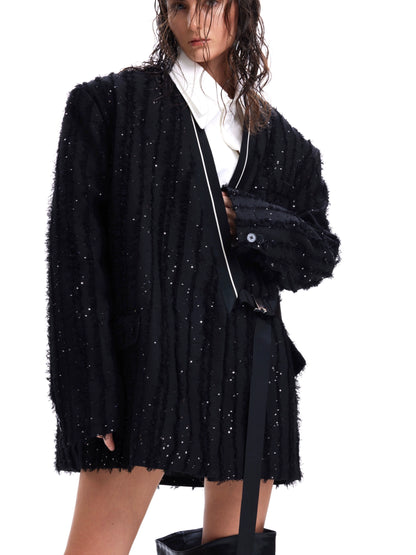 Textured Sequin Fringe Collarless Tailored Jacket WN11609