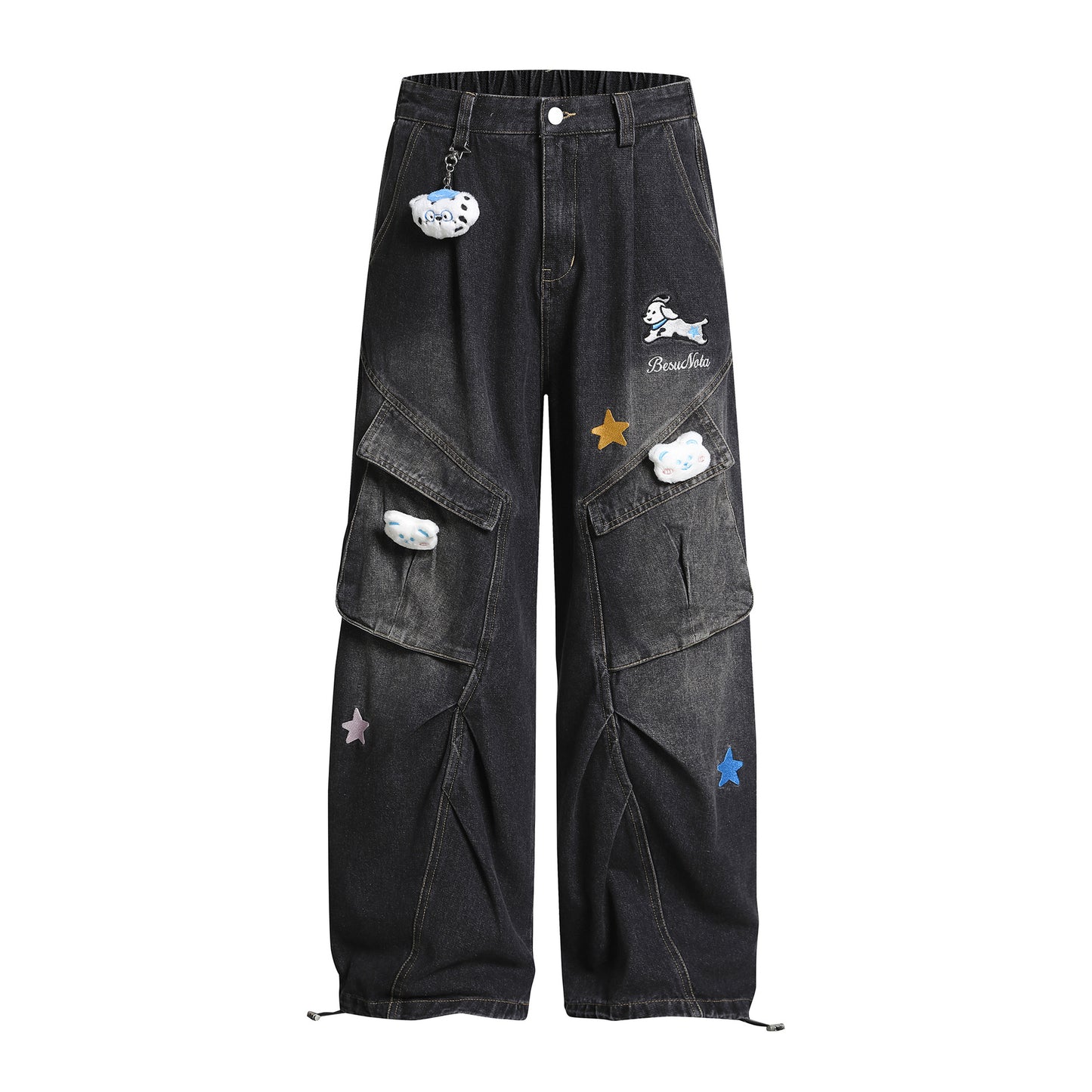 Pleated Dog Embroidery Detachable Dog Charm Wide Leg Denim Jeans WN26803
