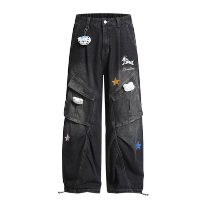 Pleated Dog Embroidery Detachable Dog Charm Wide Leg Denim Jeans WN26803