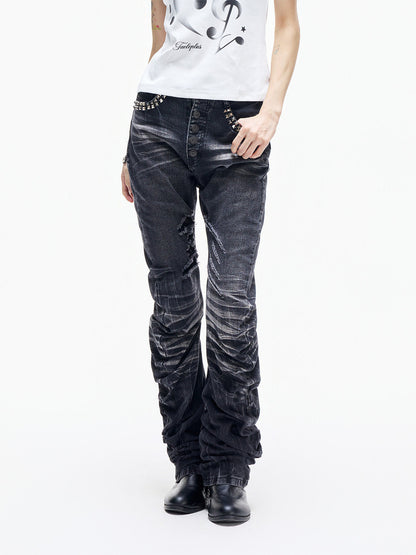 Stud Button Whisker Damage Denim Jeans WN27351