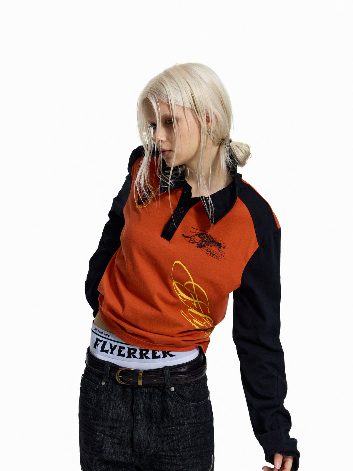 Embroidery Print Cropped Long Sleeve Polo Shirt WN27454