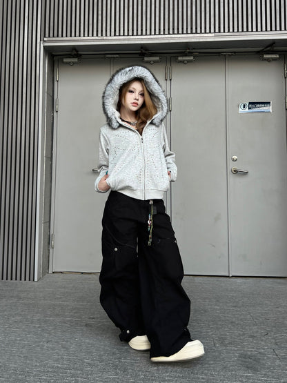 Fake Fur Collar Studs Detail Zipper Hoodie WN24184