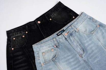 Deconstruction Curved Panel Wash Wide Leg Denim Jeans WN27930