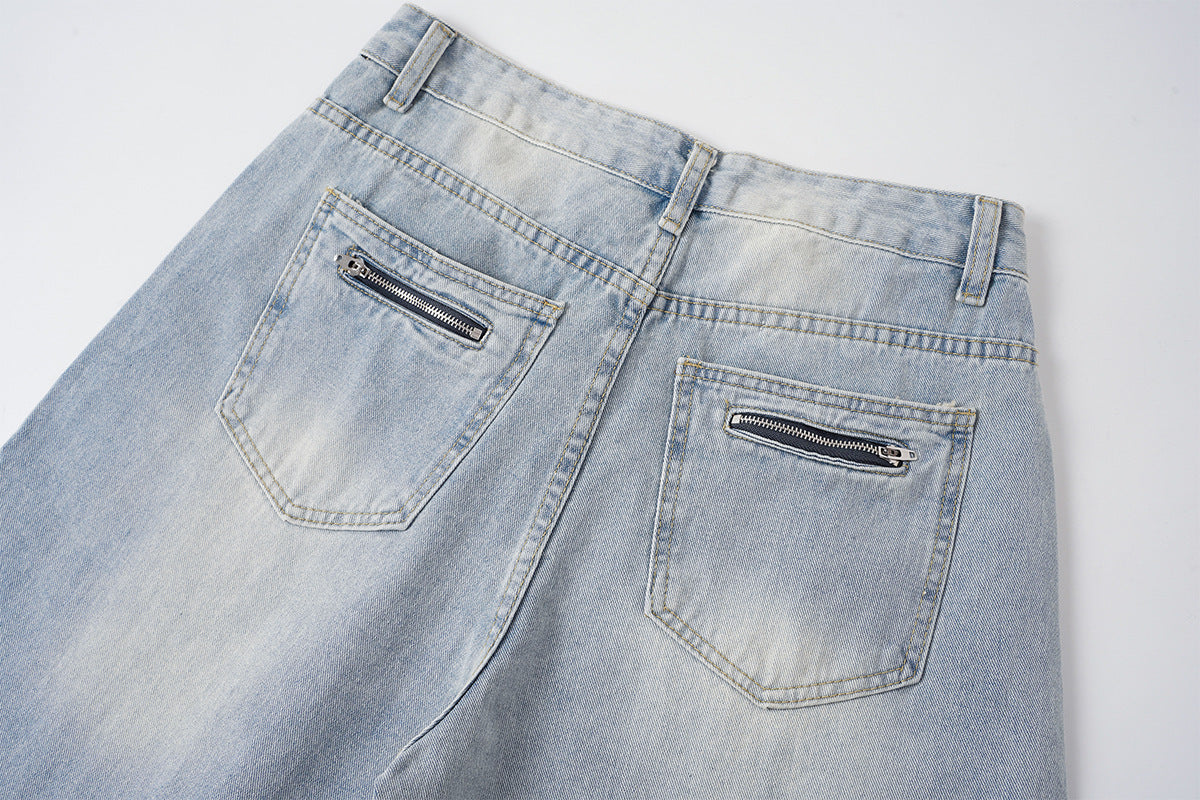 Washed Whisker Damage Wide Leg Denim Jeans WN25532