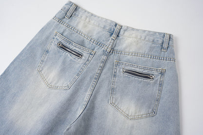 Washed Whisker Damage Wide Leg Denim Jeans WN25532