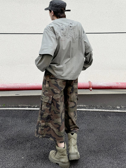 Fake Layered Back Graffiti Print Oversize Long Sleeve T-Shirt WN21154