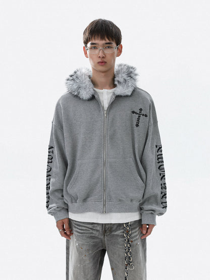 Embroidery Fake Fur-Collar Thick Zipper Hoodie WN22104