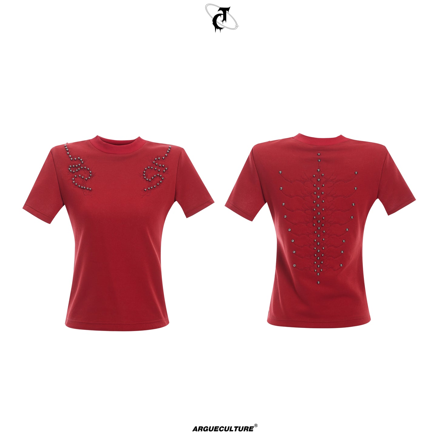 Spine Embroidery Metal Studs Short Sleeve T-Shirt WN16311