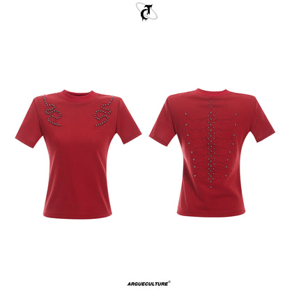 Spine Embroidery Metal Studs Short Sleeve T-Shirt WN16311