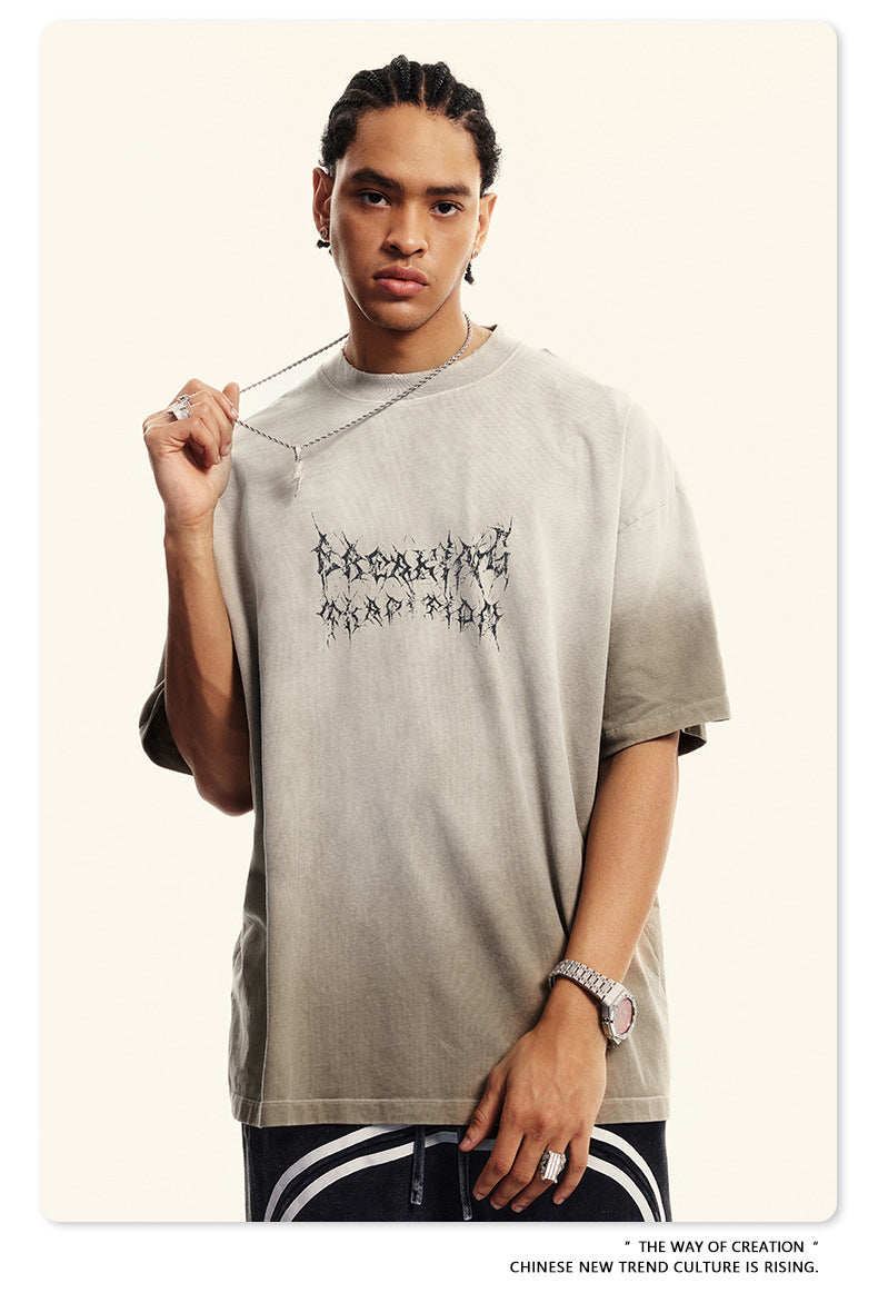 Washed Damage Print Oversize Short-sleeve T-shirt WN6400