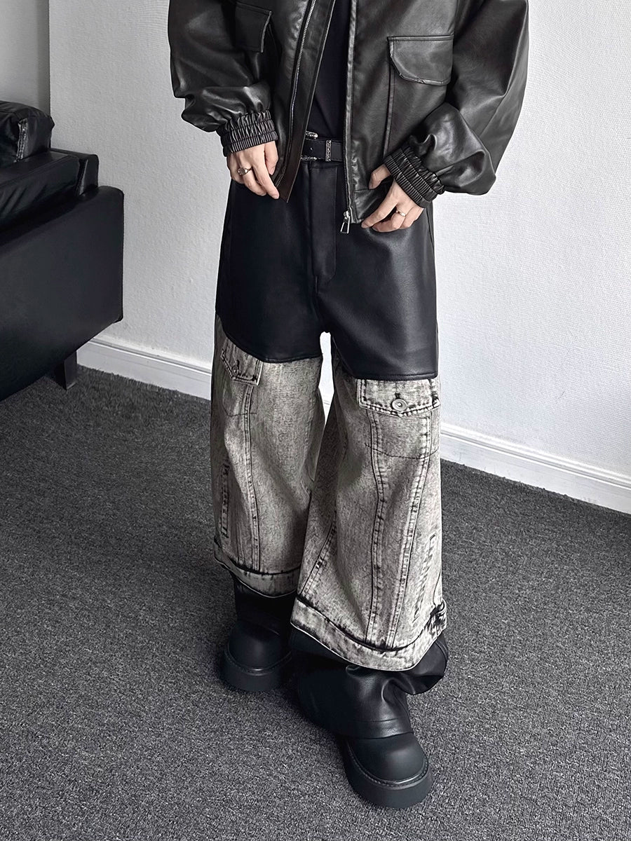 PU Leather Mix Wide Leg Denim Jeans WN19359