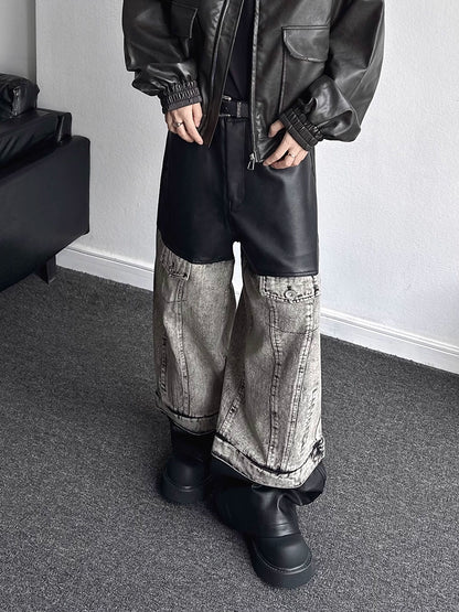 PU Leather Mix Wide Leg Denim Jeans WN19359