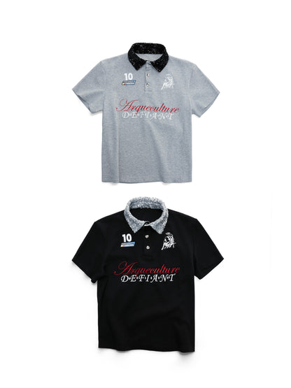 Sequin-Collar Letter Embroidery Cropped Oversize Polo Short Sleeve Shirt WN27025
