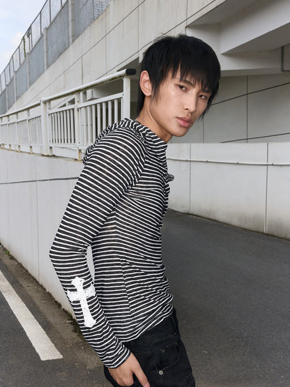 Stripe Cross Print Snap Button Hoodie WN27253