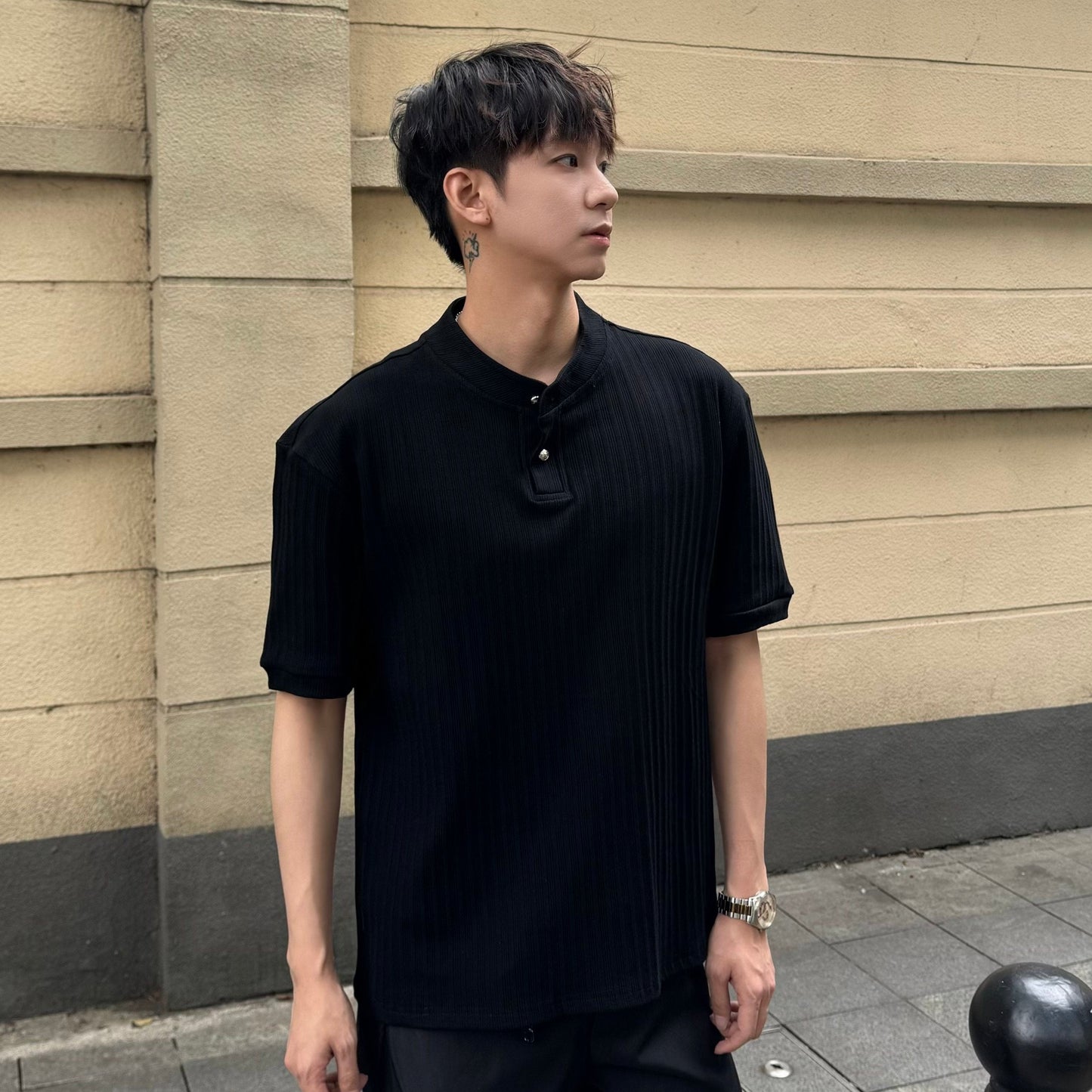 Rib Asymmetrical Button Short Sleeve T-Shirt WN25298