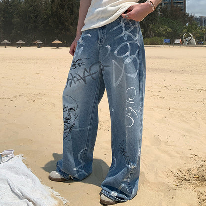 Graffiti Print Wide Leg Denim Jeans WN25028