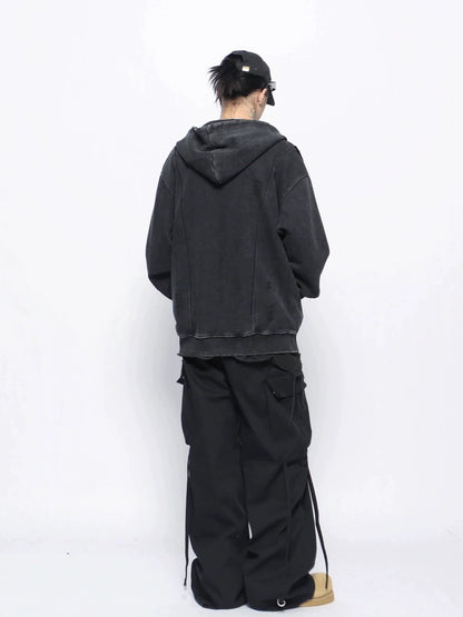 Washed Oversize Damage Zipper Hoodie WN10913