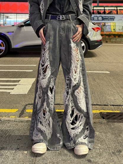 Damage Wash Heavyweight Denim Jacket & Wide Leg Denim Jeans Setup WN20734