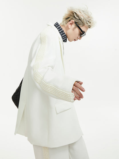 Pearl Detail Shoulder-pad Tailored Jacket & Draping Wide Leg Trousers Setup WN15447