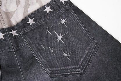 Star Damage Washed Wide Leg Denim Jeans WN25519