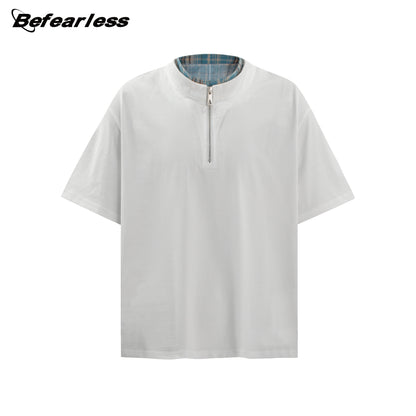 Fake Layered Half-Zip High-Neck Short Sleeve T-Shirt WN26396