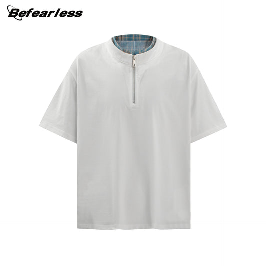 Fake Layered Half-Zip High-Neck Short Sleeve T-Shirt WN26396