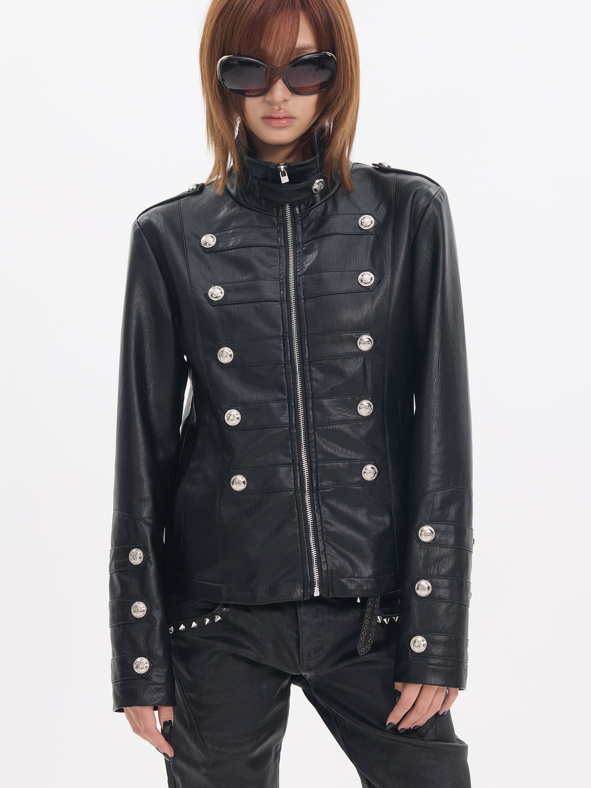 Stand Neck Button Detail PU Leather Jacket WN27241