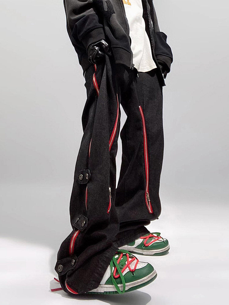 Zipper Strap Multi Pocket Wide Leg Denim Jeans WN24003