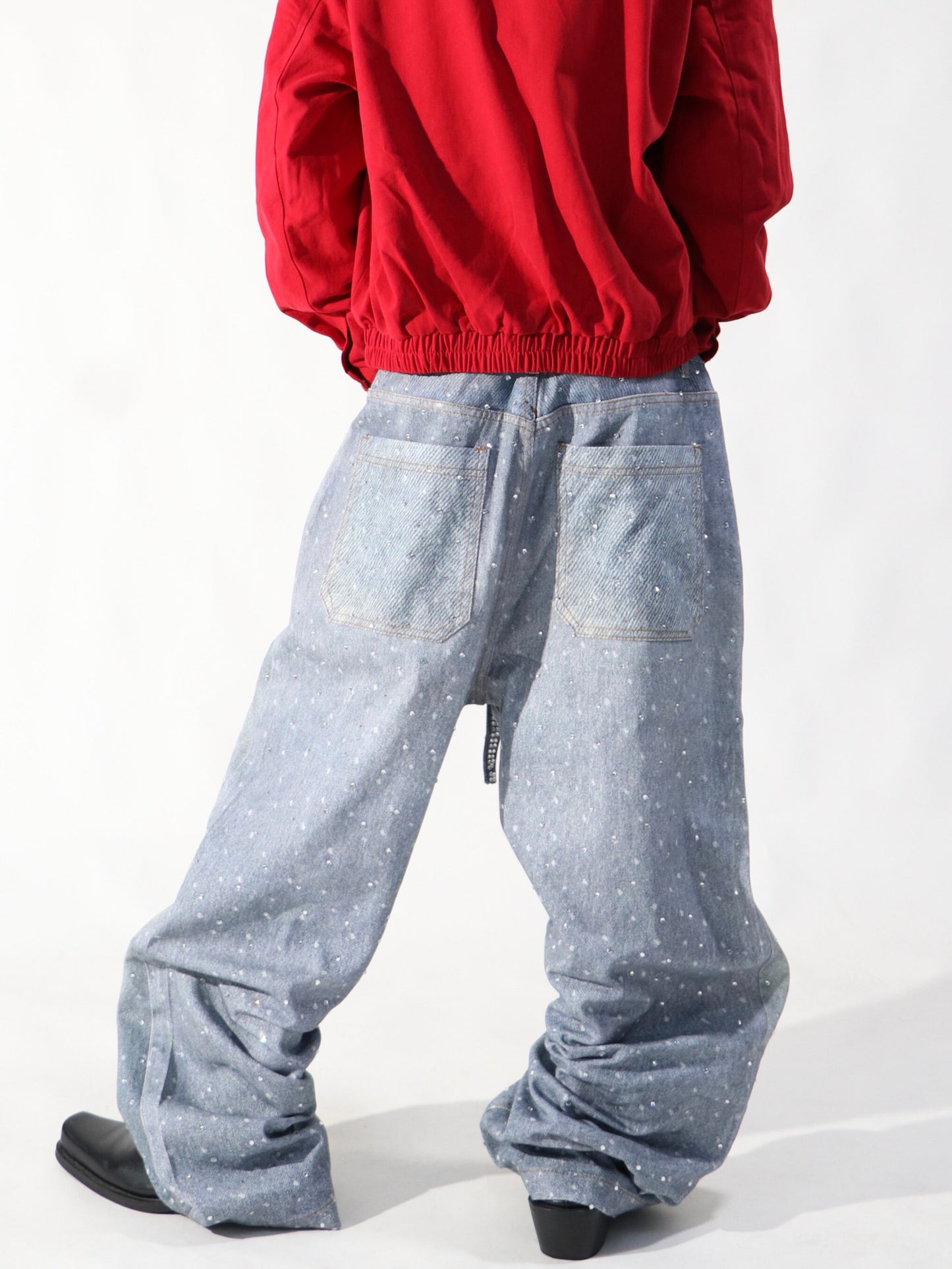 Rhinestone High Waist Draped Straight Wide Leg Denim Jeans WN24107