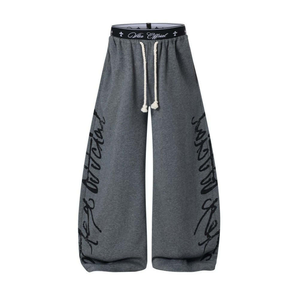 All-Over Graffiti Crackle Puff Print Wide Leg Sweatpants WN27852