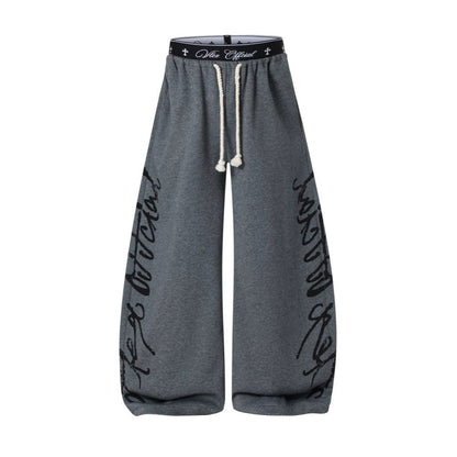 All-Over Graffiti Crackle Puff Print Wide Leg Sweatpants WN27852