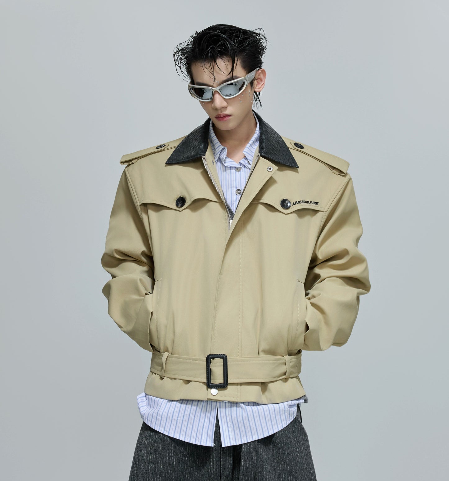 Woven Mix PU Leather Colorblock Short Trench Jacket WN21687