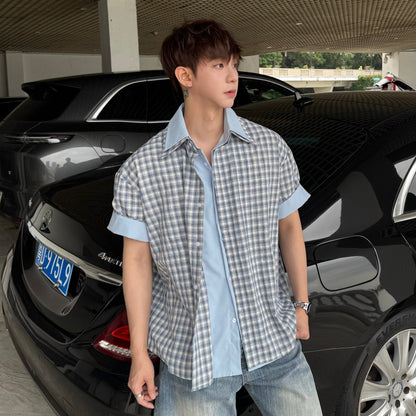 Plaid Contrast Cuff Short Sleeve Shirt WN25314