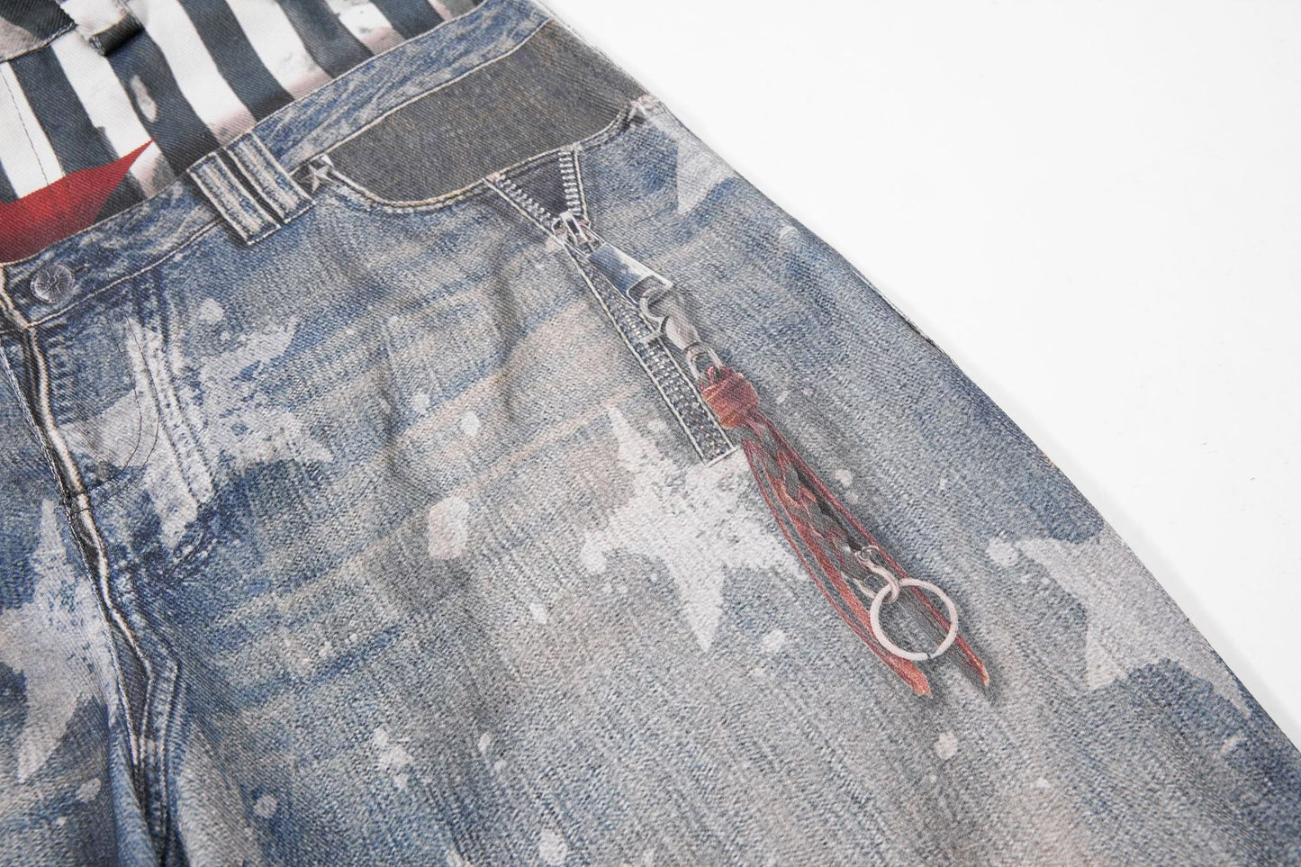 Star Print Fake Layered Curved Wide Leg Denim Jeans WN25728