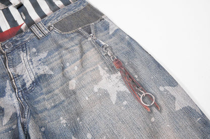 Star Print Fake Layered Curved Wide Leg Denim Jeans WN25728