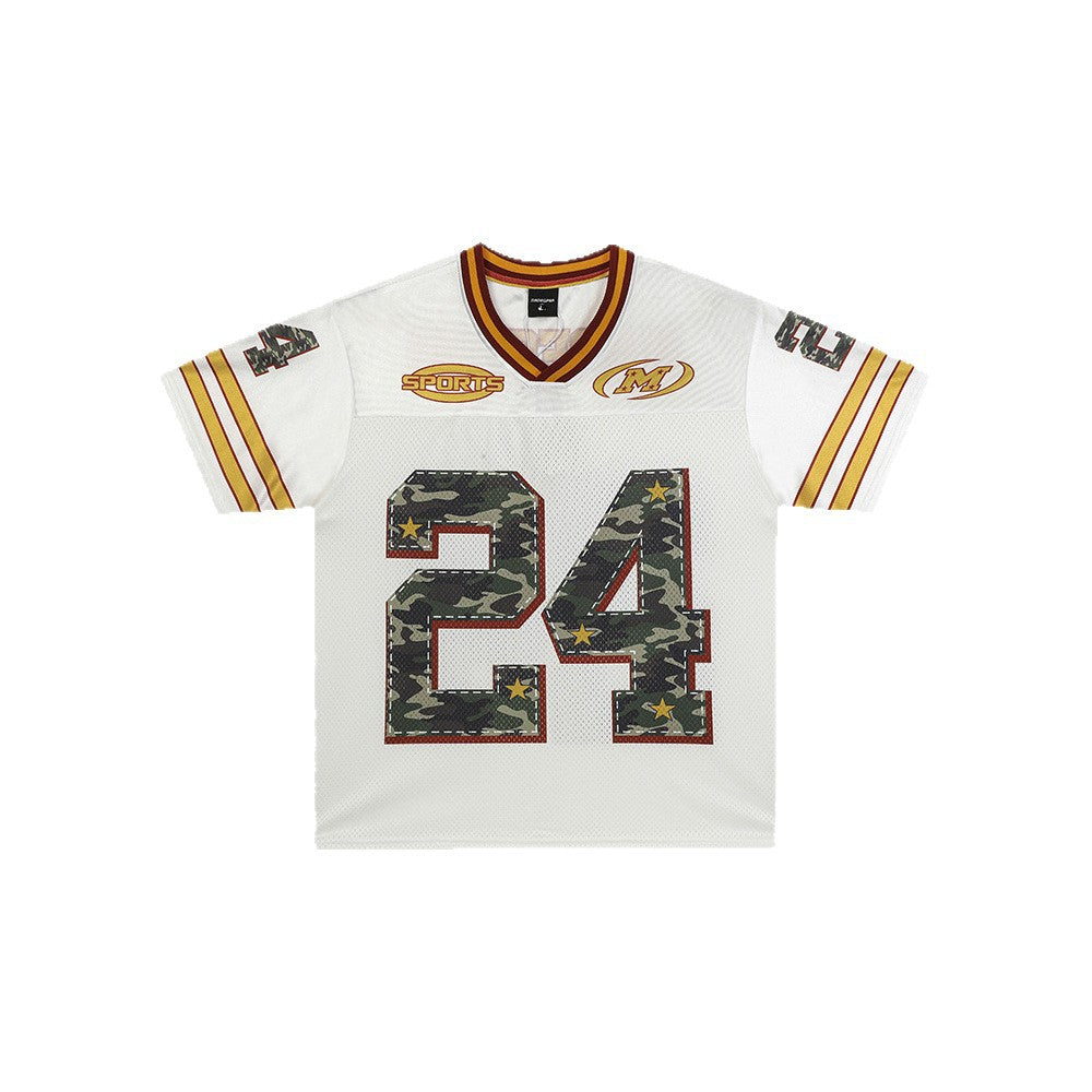 V-Neck Mesh Camouflage Number Short Sleeve T-Shirt WN26573