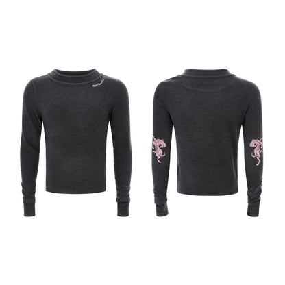 Double-Layered Neckline Embroidery Horse Logo Long Sleeve T-Shirt WN22654