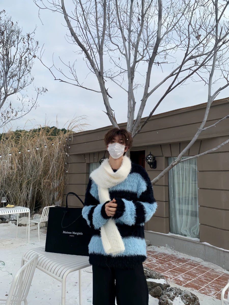 Stripe Fake Fur Pullover Knit Sweater WN19922