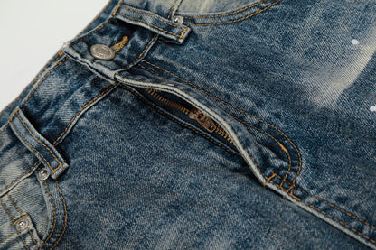 Washed Whisker Paint Splatter Straight Denim Jeans WN26147