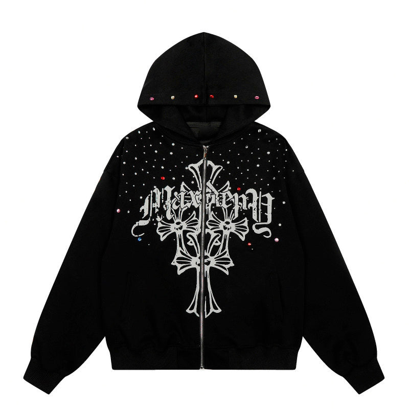 Goth Print Rhinestone Oversize Zipper Hoodie WN24258