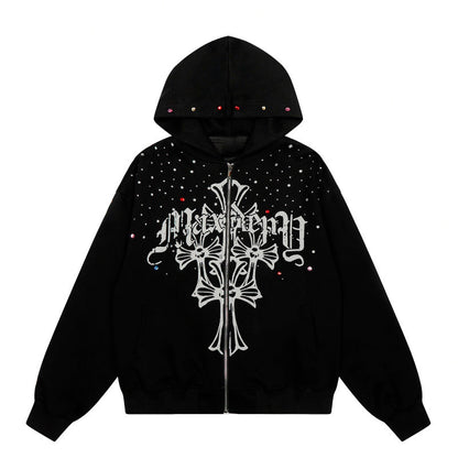 Goth Print Rhinestone Oversize Zipper Hoodie WN24258