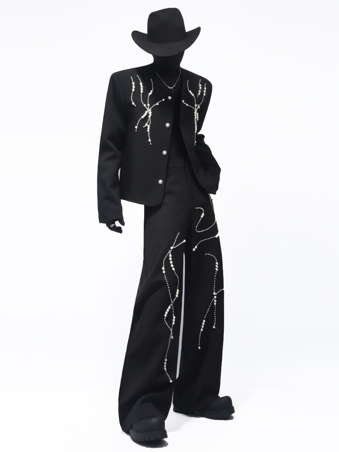Rhinestone Line Short Jacket & Rhinestone Line Wide Leg Trousers Setup WN23706