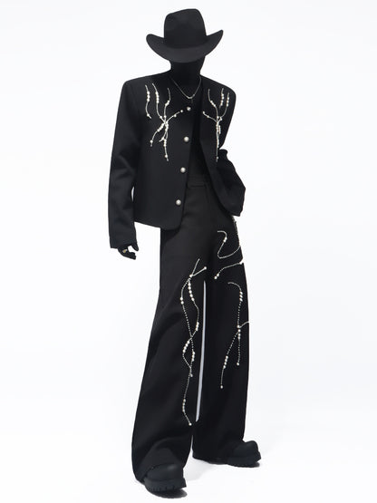 Rhinestone Line Short Jacket & Rhinestone Line Wide Leg Trousers Setup WN23706
