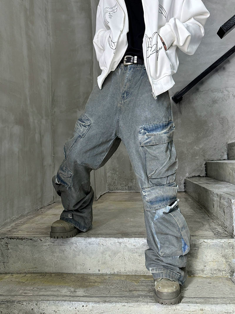 Dye Washed Multi-Pocket Straight Cargo Denim Jeans WN21167