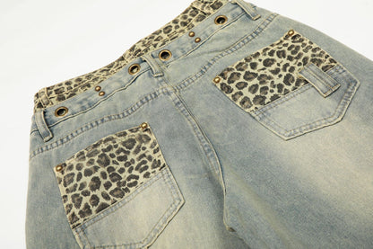 Leopard Waistband Washed Whisker Wide Leg Denim Jeans WN25566