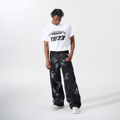 Graffiti Totem Print Wide Leg Denim Jeans WN27881