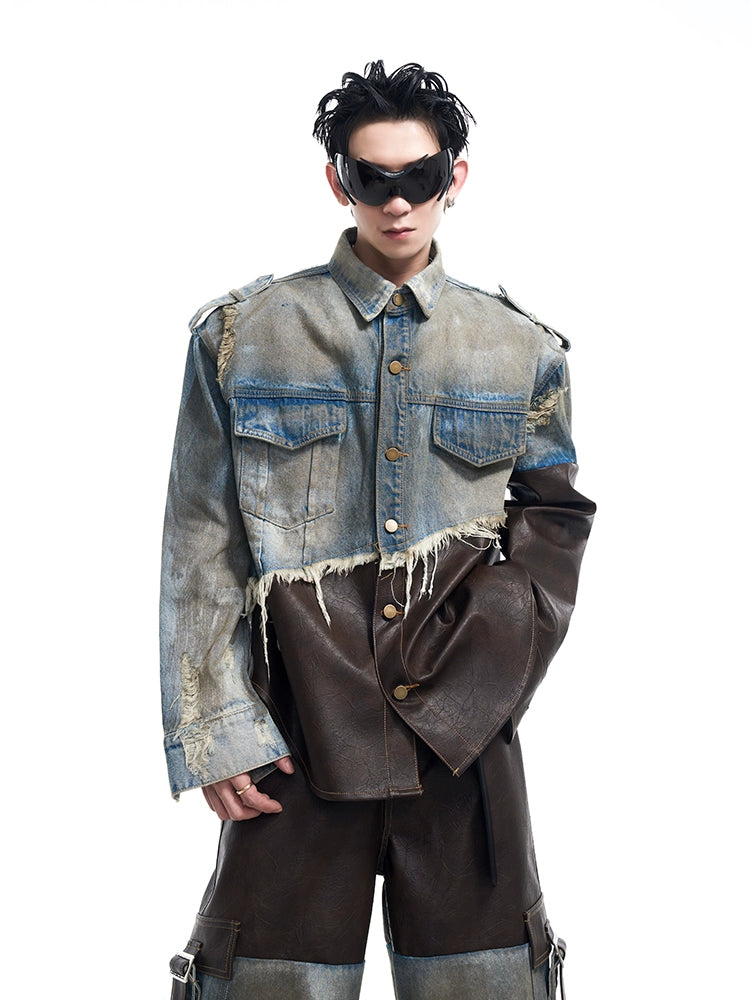 PU Leahter Mix Damage Denim Jacket & Wide Leg PU Leather Mix Denim Jeans Setup WN10183