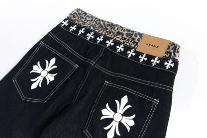 Color Block Embroidery Wide Leg Curved Denim Jeans WN25864